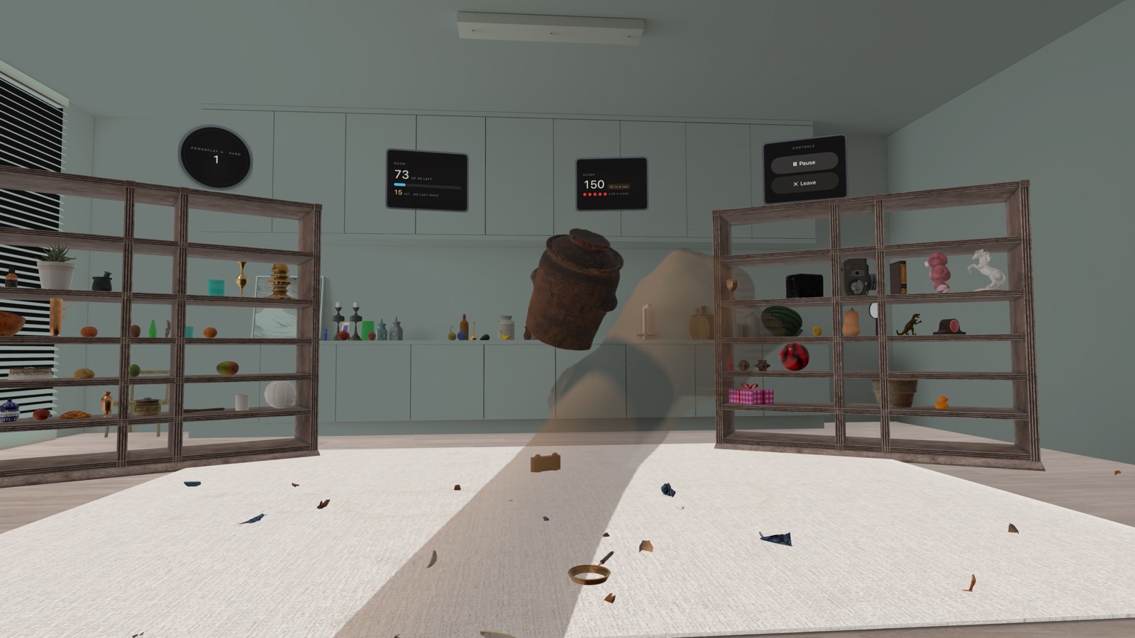 Shelves full of objects on both sides of a bright room