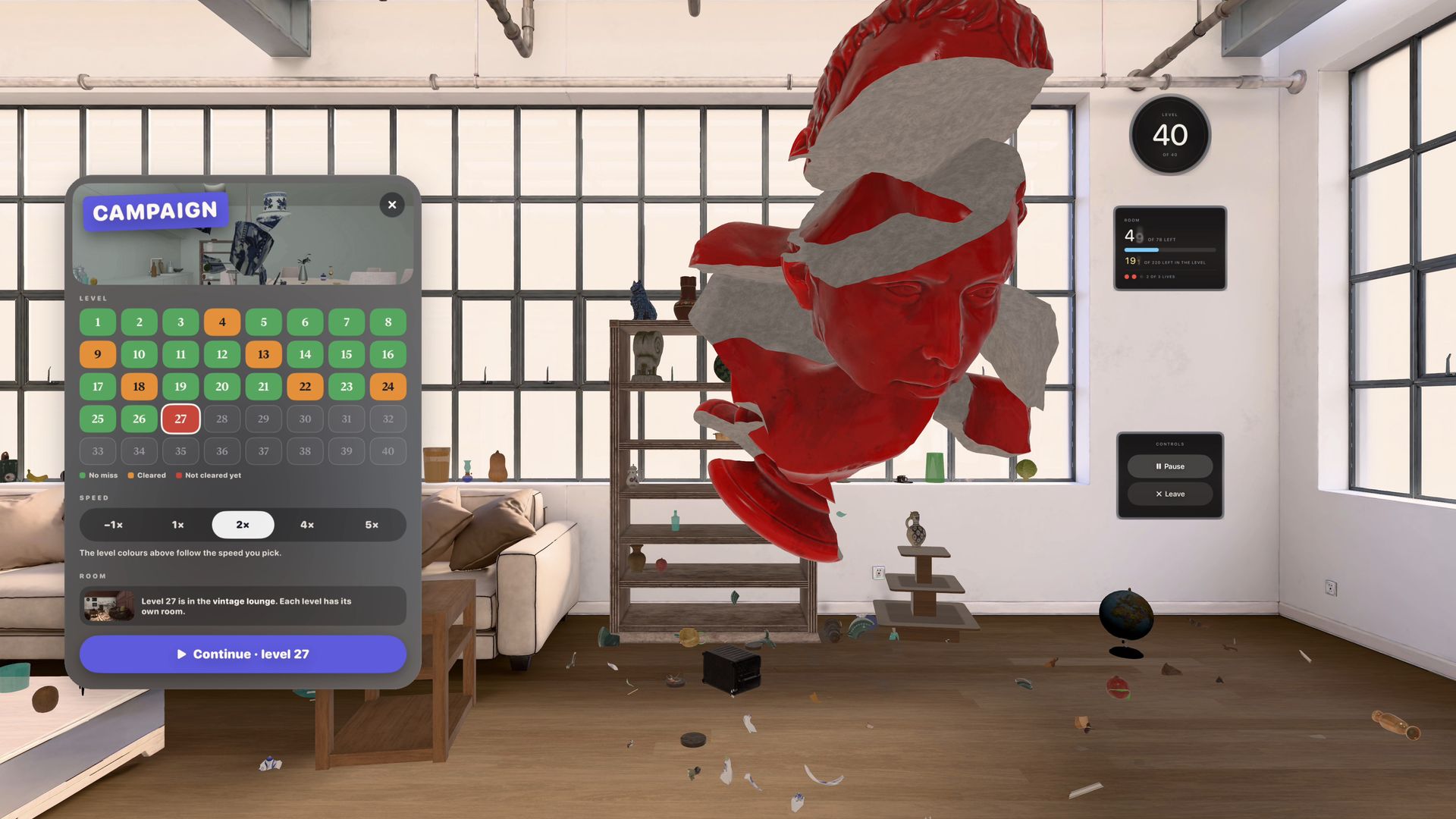 The Campaign's 40 levels beside a red porcelain bust shattering in the Industrial Loft at Level 40